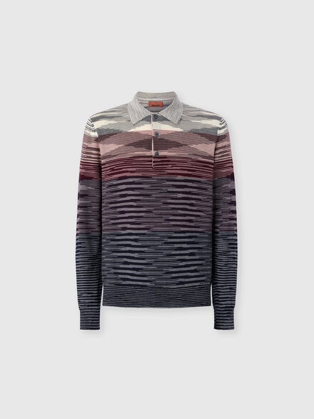 Long Sleeve Polo in Pure Wool with Flame Pattern, Beige & Burgundy - US25W20CBK015US80DU