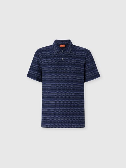 Short Sleeve Cotton Polo with Zigzag Pattern, Blue - US25W20LBR013KSM9S6