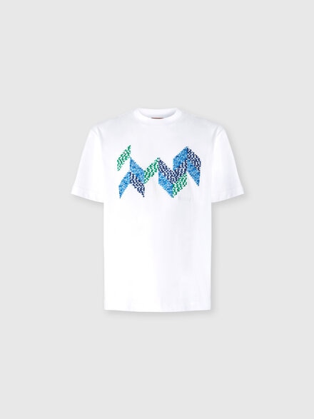Short Sleeve T-Shirt with Flame Zigzag Insert and Logo, White  - US25WL06BJ00OZS01I7