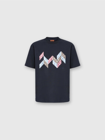 Short Sleeve T-Shirt with Flame Zigzag Insert and Logo, Blue - US25WL06BJ00OZS72MR