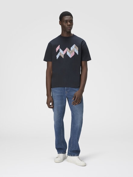 Camiseta de manga corta con inserto zigzag flameado y logo, Azul Oscuro - US25WL06BJ00OZS72MR
