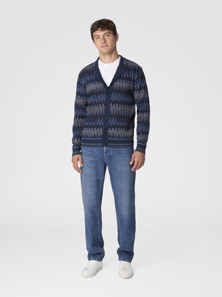Zigzag cardigan in pure wool, Blue & Grey - US25WM06BR012YS91P3