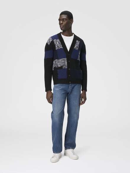 The cardigan in pure wool with flame and zigzag inserts, Navy Blue  - US25WM0ABK01CZS72MI