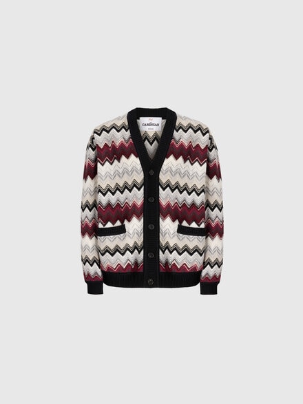 The Cardigan in Wool and Cotton with Zigzag, Beige & Burgundy - US25WM0HBC005AS4170