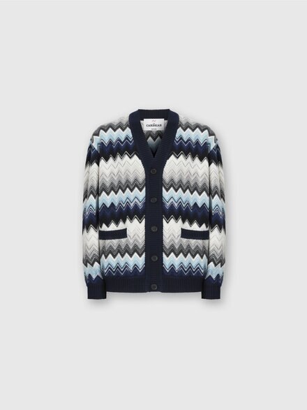The Cardigan in Wool and Cotton with Zigzag, Black & Blue - US25WM0HBC005AS72L9