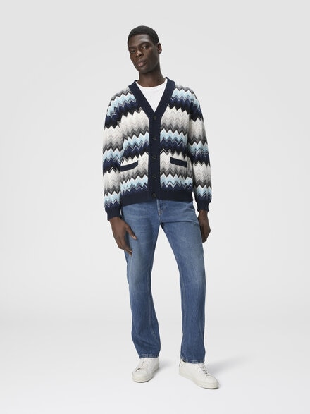 The cardigan in wool and cotton with zigzag, Black & Blue - US25WM0HBC005AS72L9