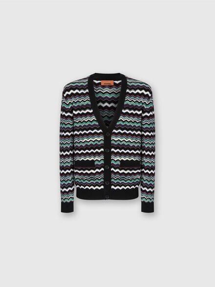 Cardigan in Wool-Cotton Blend with Zigzag, Blue & Green - US25WM0KBK01CUS72MF