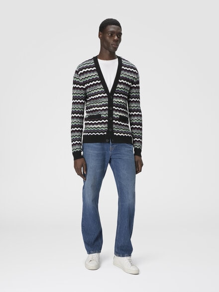 Cardigan aus Woll-Baumwoll-Mix mit Zickzackmuster, Blau & Grün  - US25WM0KBK01CUS72MF