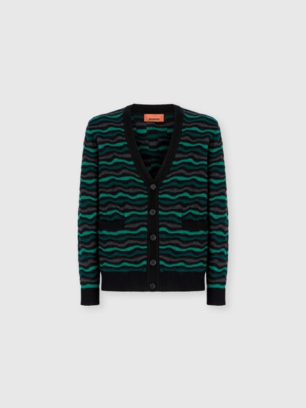 Cardigan in Pure Wool with Wave Stitch, Green - US25WM0LBK01DBS615C
