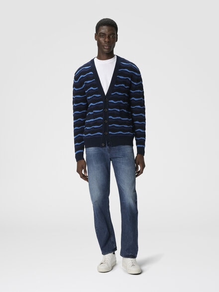 Cardigan in pure wool with wave stitch, Blue - US25WM0LBK01DBS72ML