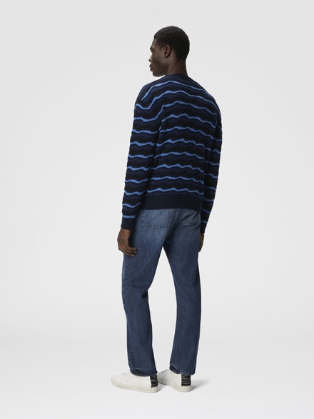 Cardigan in pure wool with wave stitch, Blue - US25WM0LBK01DBS72ML