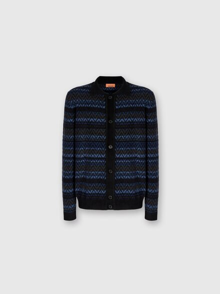 Cardigan with Zigzag and Stripe Pattern, Black & Blue - US25WM0OBK01DHSM9S0