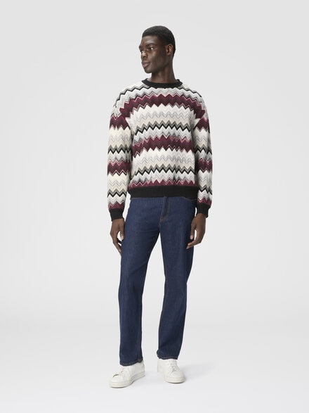 Crew neck sweater with flame zigzag pattern, Beige & Burgundy - US25WN0CBC005AS4170