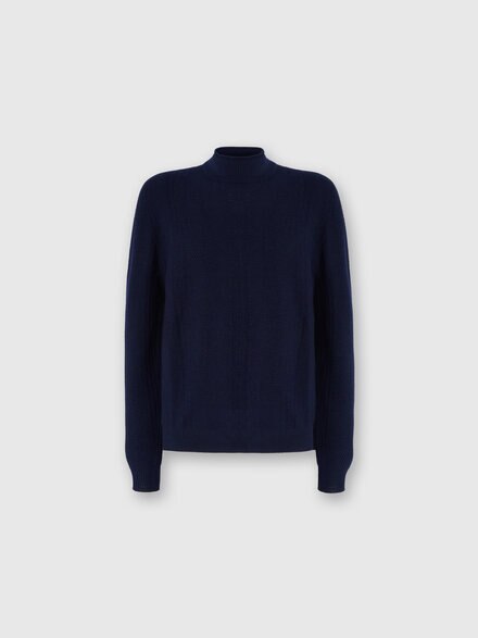 High-Neck Sweater with Tone-on-Tone Chevron Pattern, Navy Blue  - US25WN0HBK01CWS72MH
