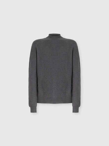 High-Neck Sweater with Tone-on-Tone Chevron Pattern, Grey - US25WN0HBK01CWS91PQ