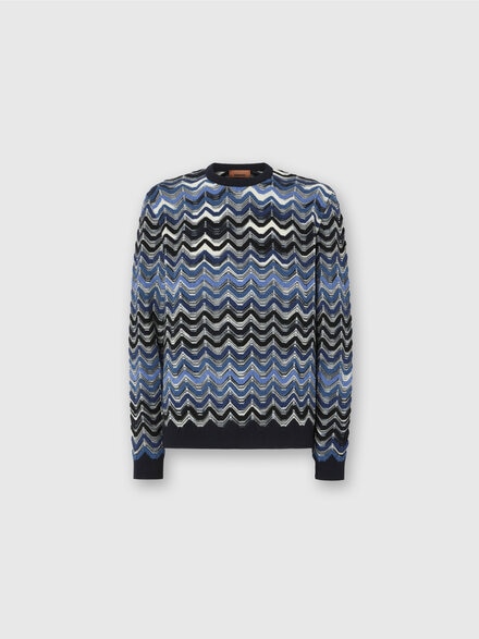 Crew Neck Sweater with Geometric Zigzag Pattern, Blue - US25WN0KBK01D0S72MJ