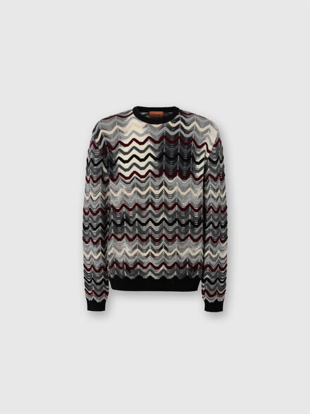 Crew Neck Sweater with Geometric Zigzag Pattern, Grey & Red  - US25WN0KBK01D0S91PR