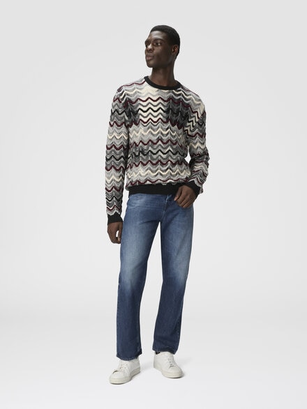 Crew neck sweater with geometric zigzag pattern, Grey & Red  - US25WN0KBK01D0S91PR