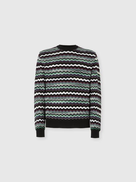 Crew Neck Sweater with Zigzag Pattern, Blue & Green - US25WN0NBK01CUS72MF