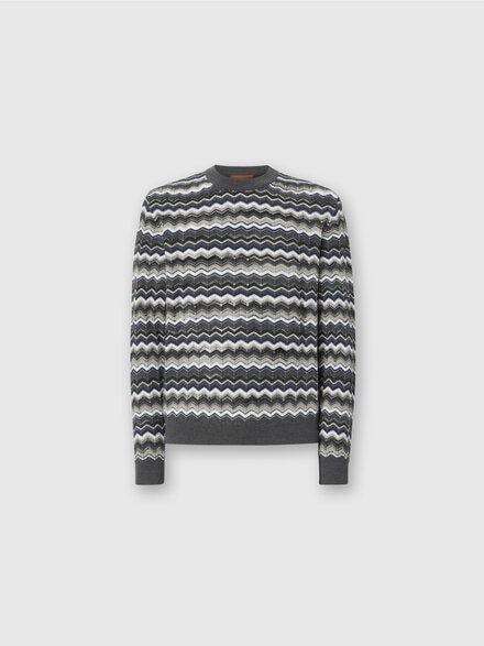 Crew Neck Sweater with Zigzag Pattern, Grey & Beige - US25WN0NBK01CUS91PO