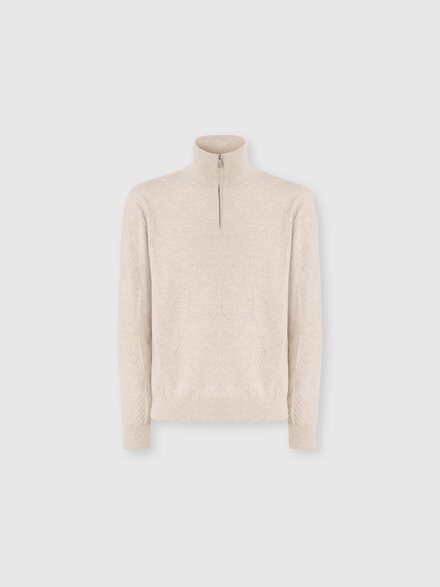 Half-Zip Sweater with Tone-on-Tone Zigzag Pattern, Beige - US25WN0PBK044ZS01I4