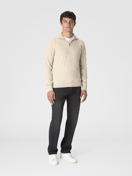 Half-zip sweater with tone-on-tone zigzag pattern, Beige - US25WN0PBK044ZS01I4