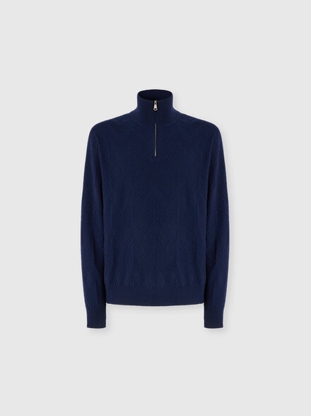 Half-Zip Sweater with Tone-on-Tone Zigzag Pattern, Blue - US25WN0PBK044ZS72JG