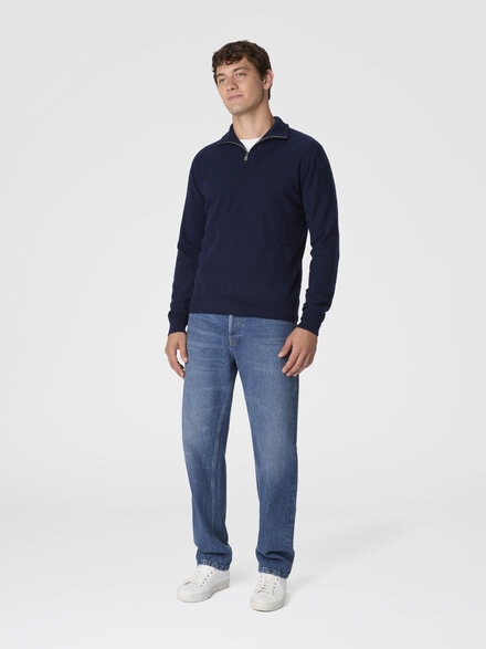 Half-zip sweater with tone-on-tone zigzag pattern, Blue - US25WN0PBK044ZS72JG