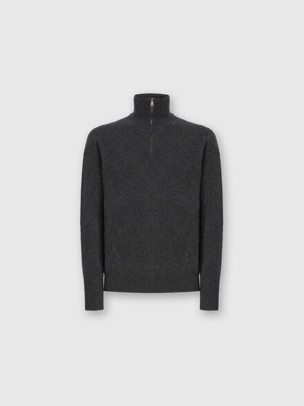 Half-Zip Sweater with Tone-on-Tone Zigzag Pattern, Grey - US25WN0PBK044ZS91PV