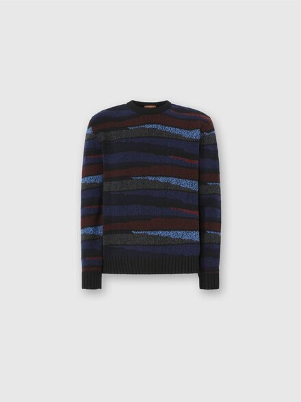 Crew Neck Sweater with Striped Inlay, Navy Blue & Burgundy - US25WN0QBK01D8SM9S4