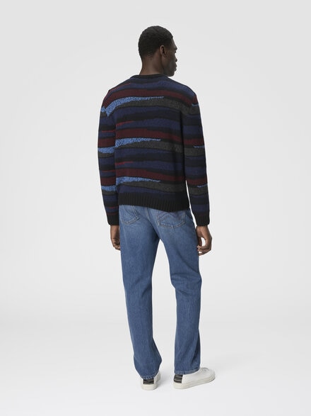 Crew neck sweater with striped inlay, Navy Blue & Burgundy - US25WN0QBK01D8SM9S4