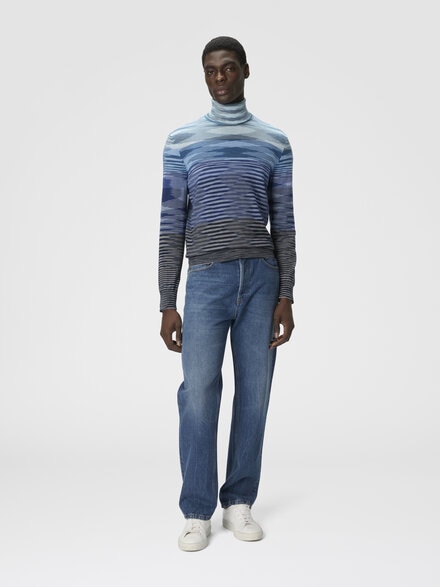 High-neck sweater in all-over flame wool, Blue - US25WN0UBK015US72MN