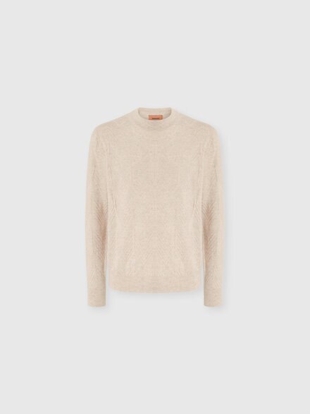 Crew Neck Sweater in Pure Cashmere with Chevron Pattern, Beige - US25WN0WBK044ZS01I4