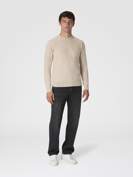 Crew neck sweater in pure cashmere with chevron pattern, Beige - US25WN0WBK044ZS01I4