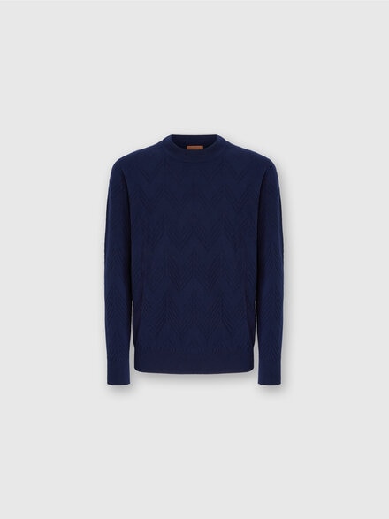 Crew Neck Sweater in Pure Cashmere with Chevron Pattern, Blue - US25WN0WBK044ZS72JG