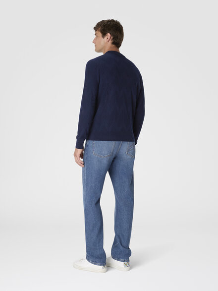 Crew neck sweater in pure cashmere with chevron pattern, Blue - US25WN0WBK044ZS72JG
