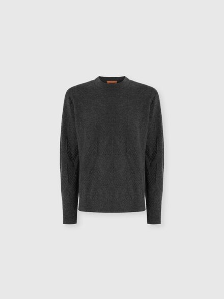 Crew Neck Sweater in Pure Cashmere with Chevron Pattern, Grey - US25WN0WBK044ZS91PV