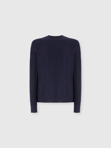 Crew Neck Sweater in Wool with Chevron Pattern, Navy Blue  - US25WN0YBK01CWS72MH