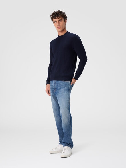 Crew neck sweater in wool with chevron pattern, Navy Blue  - US25WN0YBK01CWS72MH