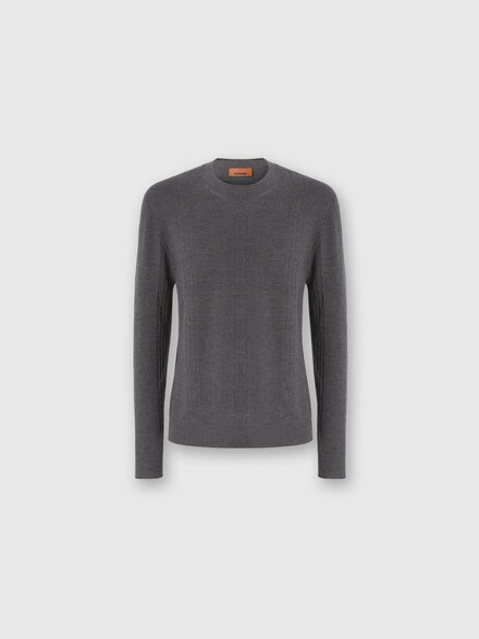 Crew Neck Sweater in Wool with Chevron Pattern, Grey - US25WN0YBK01CWS91PQ