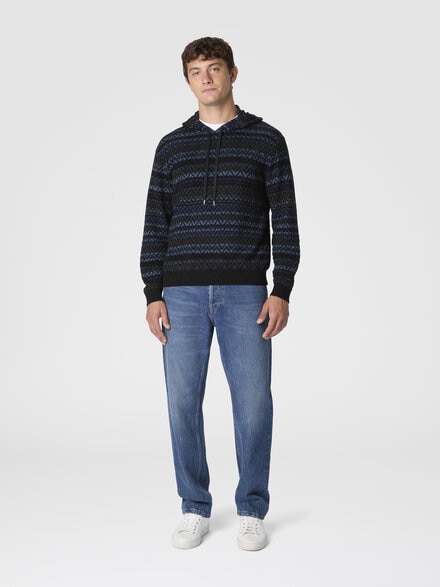 Hooded sweater in wool blend with zigzag pattern, Black & Blue - US25WN10BK01DHSM9S0