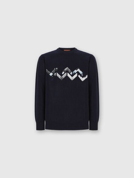 Crew Neck Sweater with Zigzag Detail, Blue - US25WN15BK01DMS72MS