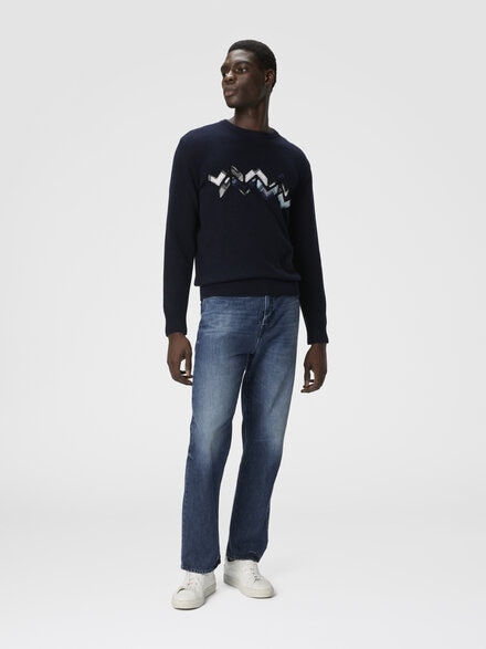 Crew Neck Sweater with Zigzag Detail, Blue - US25WN15BK01DMS72MS