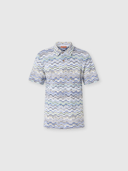 Cotton polo shirt with Raschel knit and Greek motif, Light Blue - US26S20BBR014OSMSNE