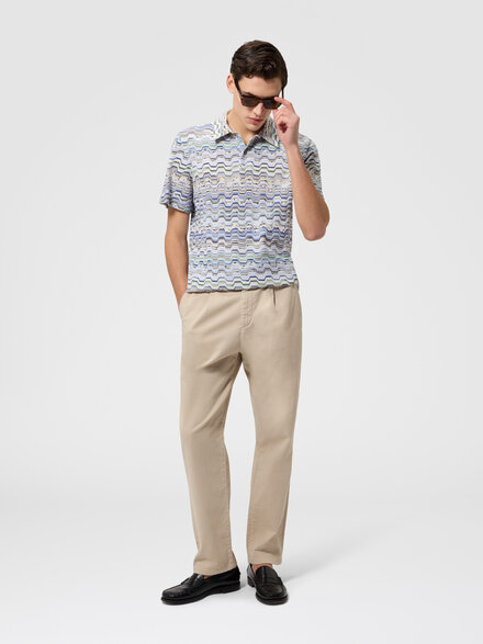 Cotton polo shirt with Raschel knit and Greek motif, Light Blue - US26S20BBR014OSMSNE