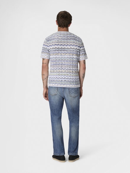 Five-pocket cotton denim trousers with zigzag embroidery, Beige& White  - US26SI02BW00ZTS72P9