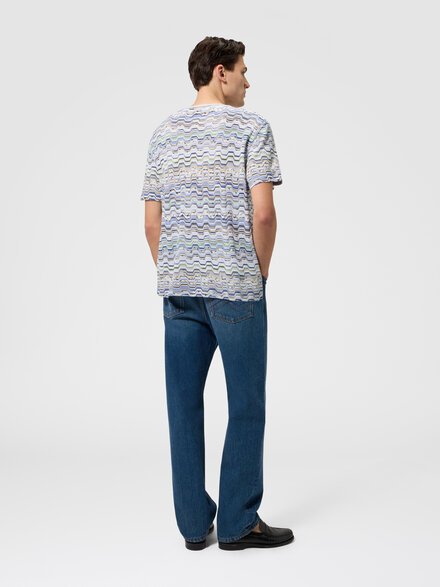 Crew-neck cotton T-shirt with Raschel knit and Greek motif, Beige& White  - US26SL06BR014OSMSNE