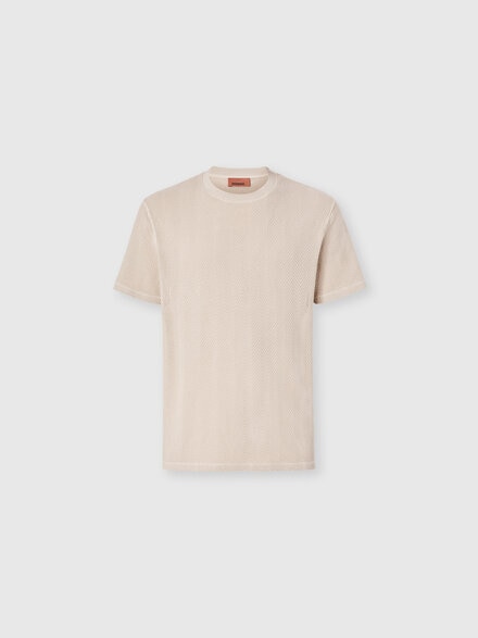 Crew-neck cotton and viscose T-shirt with tone-on-tone zigzag motif, Beige& White  - US26SL06BR014P40210