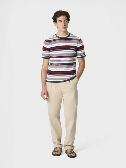 Striped crew-neck cotton T-shirt with embroidered logo lettering, Beige& White  - US26SL0DBK01HJSM9YW