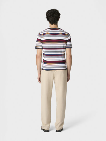 Striped crew-neck cotton T-shirt with embroidered logo lettering, Beige& White  - US26SL0DBK01HJSM9YW